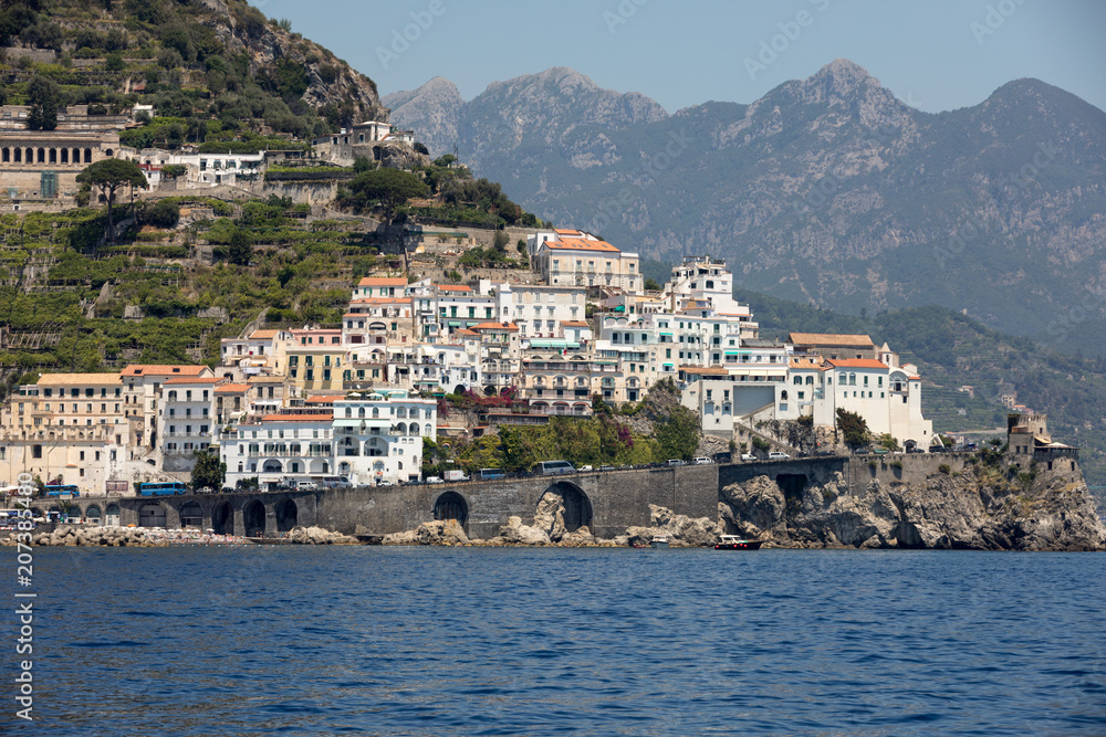 Amalfi seen from the sea on Amalfi Coast in the region Campania, Italy