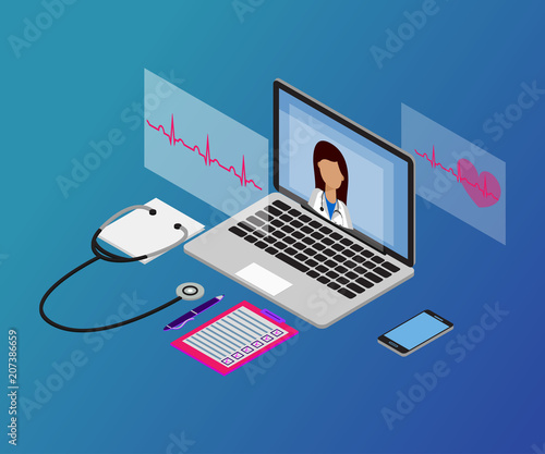 Woman doctor, laptop, 3d isometric 3-2 stet photo