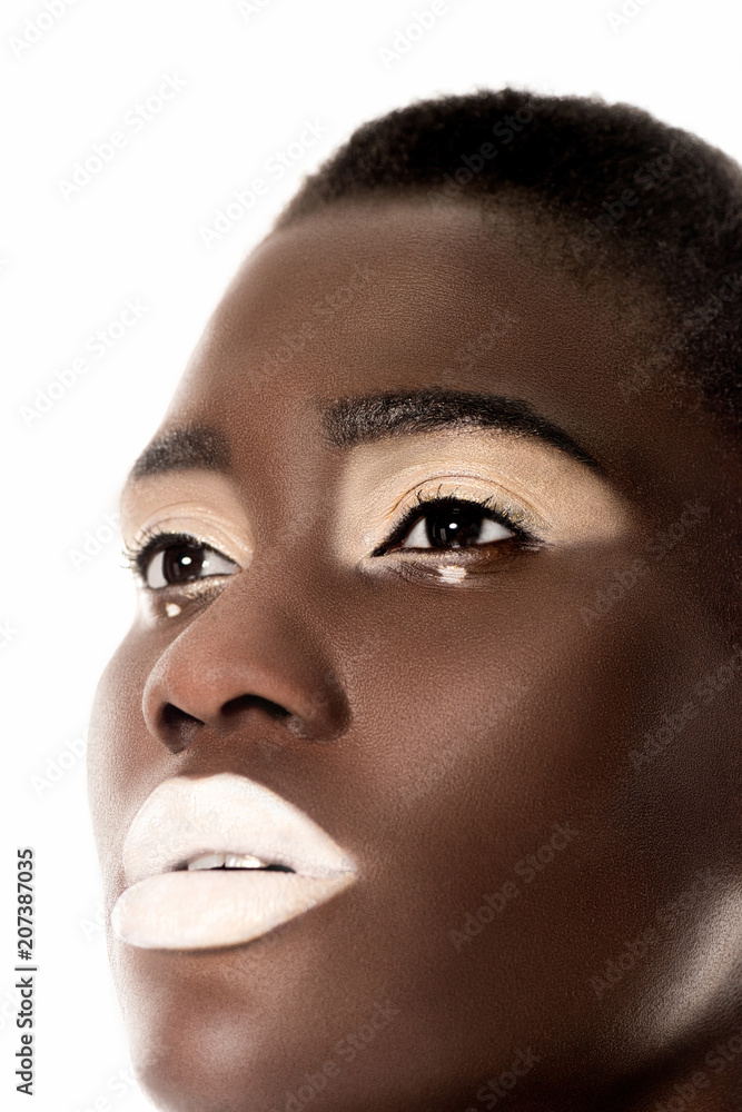 close-up portrait of beautiful sensual african american woman with white lips looking away isolated on white close-up portrait of beautiful sensual african american woman with white lips looking away isolated on white