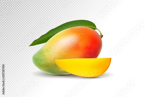 Photo-realistic vector illustration. Mango with leaf and mango slices.