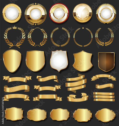 Golden retro labels badges frames and ribbons collection
