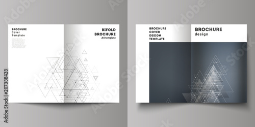 Vector editable layout of two A4 format cover mockups design templates for bifold brochure, magazine, flyer. Polygonal background with triangles, connecting dots and lines. Connection structure.