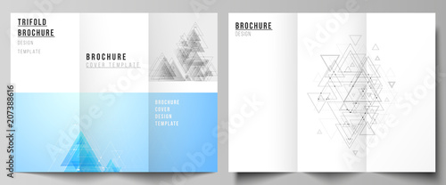 The minimal vector illustration of editable layouts. Modern covers design templates for trifold brochure or flyer. Polygonal background with triangles, connecting dots and lines. Connection structure.