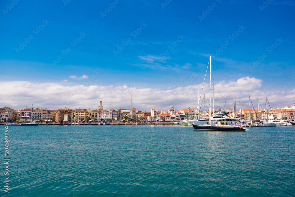 CAMBRILS, SPAIN - APRIL 30, 2017: Yachts and boats in the port. Copy space for text.