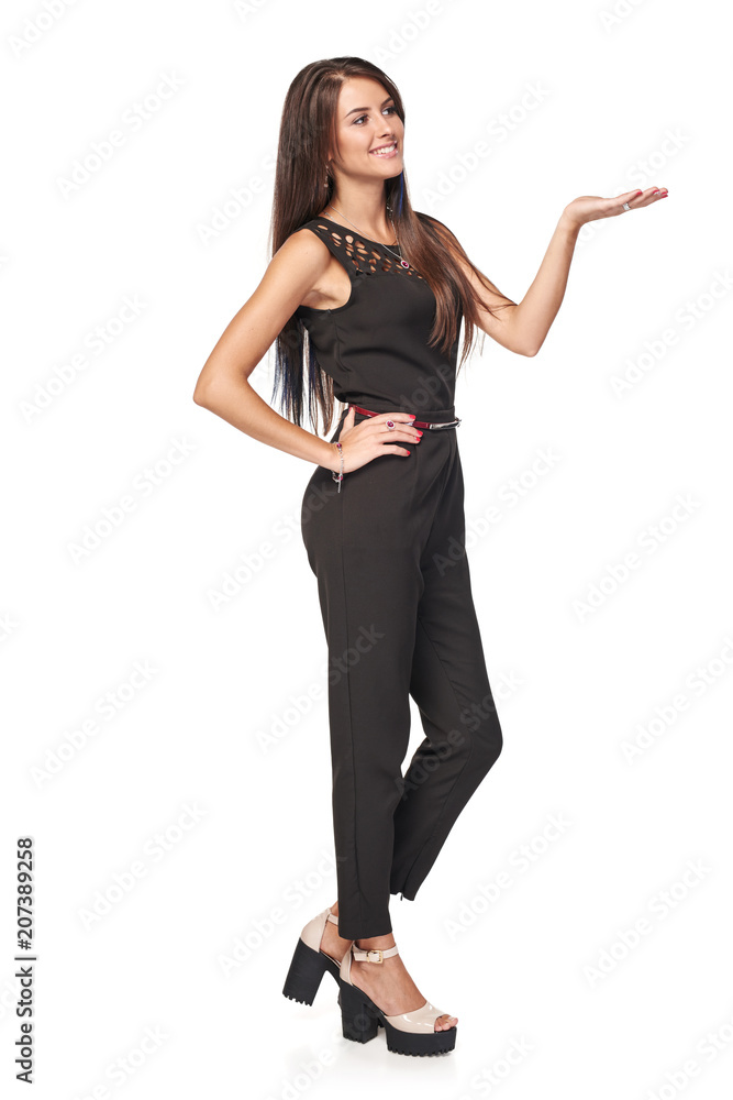 Fototapeta premium Full length business woman showing holding on the palm blank copy space over white background