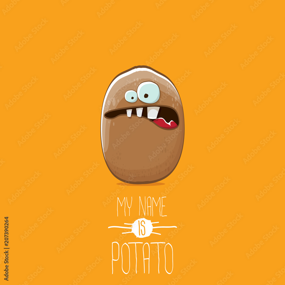 vector brown potato cartoon character isolated on orange background. My name is potato vector concept illustration. funky summer vegetable food character vector brown potato cartoon character isolated on orange background. My name is potato vector concept illustration. funky summer vegetable food character