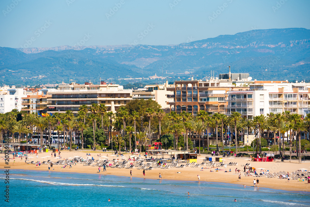 SALOU, TARRAGONA, SPAIN - APRIL 24, 2017: Coastline Costa Dorada, main beach in Salou. Copy space for text. SALOU, TARRAGONA, SPAIN - APRIL 24, 2017: Coastline Costa Dorada, main beach in Salou. Copy space for text.