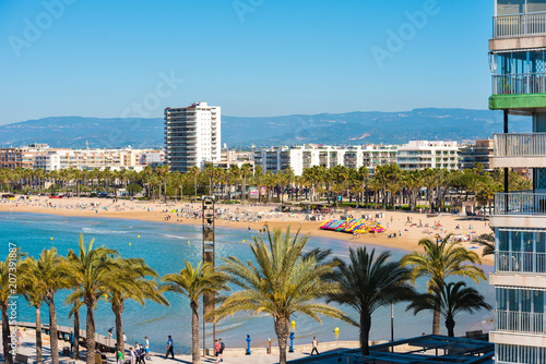 SALOU, TARRAGONA, SPAIN - APRIL 24, 2017: Coastline Costa Dorada, main beach in Salou. Copy space for text. © ggfoto