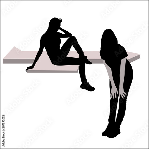 Vector silhouettes of two girls in full growth one sitting in a profile on a parapet with a bent leg in the knee the second is leaning forward