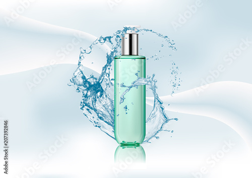 Realistic transparent plastic bottle with two-phase cosmetic product with pump dispenser.Package for tonic, lotion. Isolated object on abstract stylish gradient background.Vector illustration.