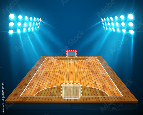 An illustration of hardwood perspective handball field, cort with bright stadium lights design. Vector EPS 10. Room for copy