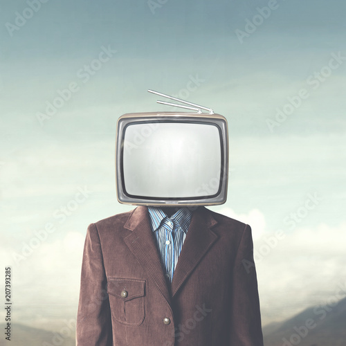 surreal addicted man with television on his head