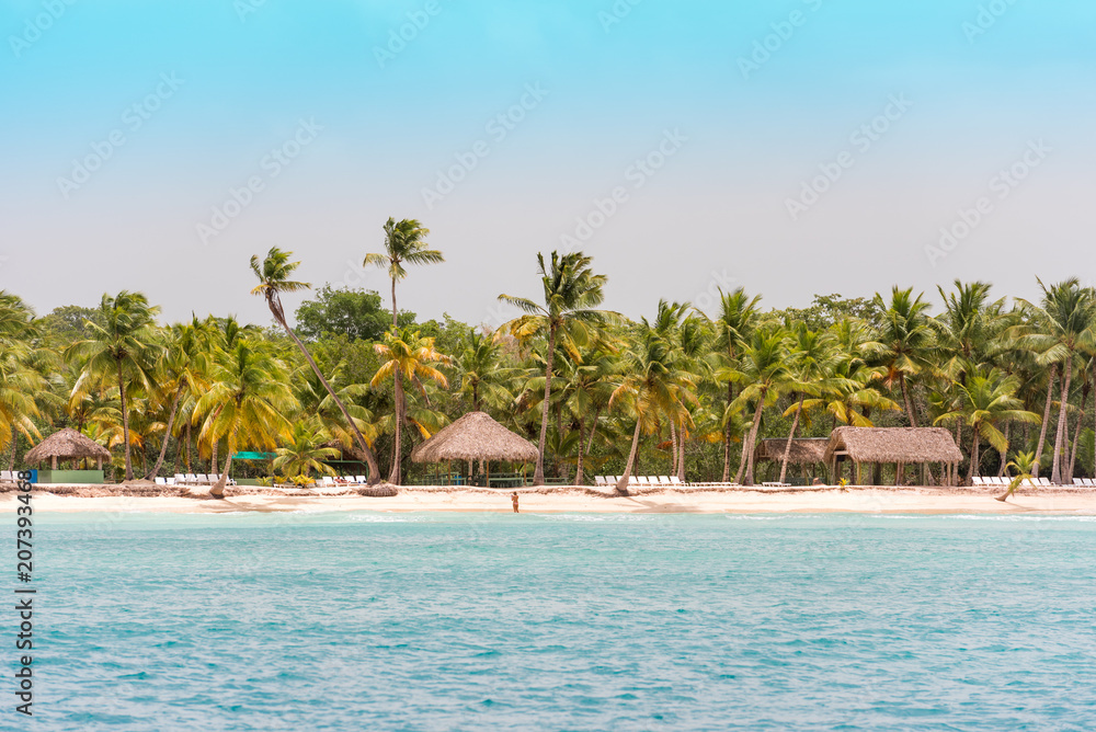 SAONA, DOMINICAN REPUBLIC - MAY 25, 2017: View of the sandy beach of the island Saona. Copy space for text.