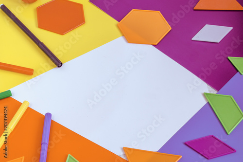 Multi-colored children s background from accessories for game and development. Flat lay. Copyspase