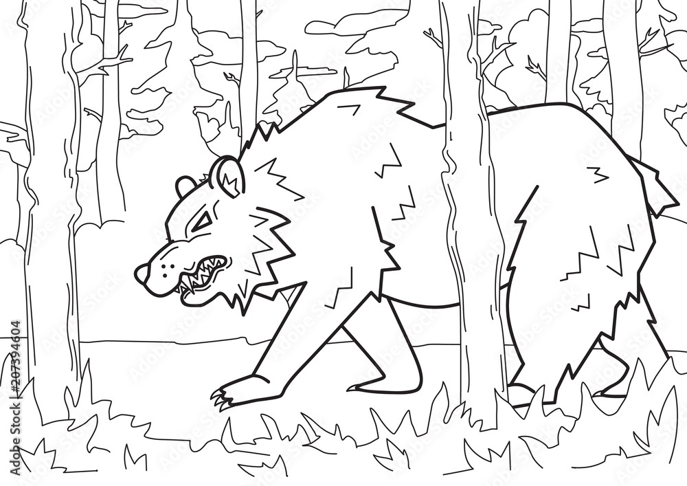 Fototapeta premium Angry bear walking through the wild forest. Contour vector illustration for coloring book, cartoon style. Horizontal