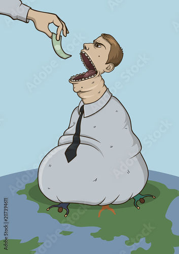 Sackman devouring money. Corruption and btibery caricature. Huge bag-shaped figure sitting on Earth surface. Line vector illustration. Vertical.