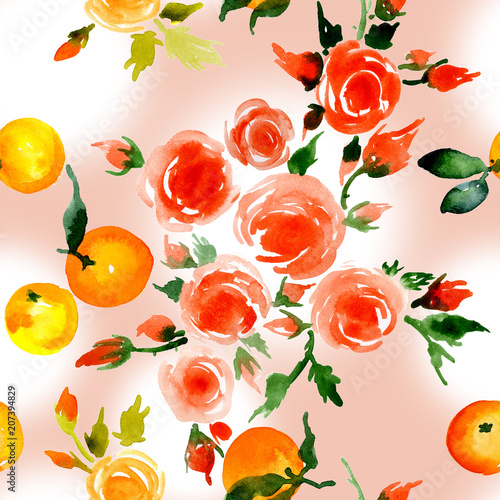 Delicate  small  fragrant  ancient roses  honey  rustic  wild bees  delicate  tasty  fragrant mandarins. Watercolor. illustration