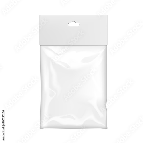 Realistic White Blank Plastic Pocket Bag With Hang Slot