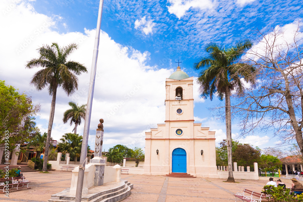 VINALES, CUBA - MAY 13, 2017: View of the church in the town square. Copy space for text.