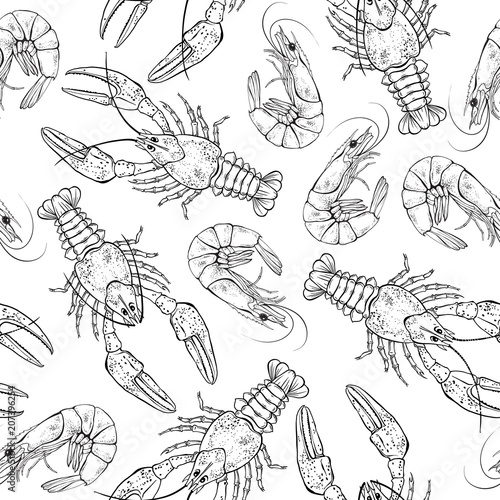 Seamless  pattern with crayfish and shrimps on white background. Black and white vector Illustration.