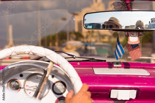 CUBA, HAVANA - MAY 5, 2017: Salon pink american cabriolet, Cuba, Havana. Close-up.