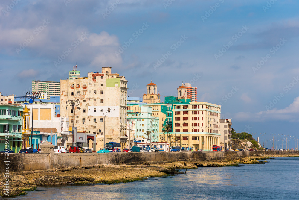 CUBA, HAVANA - MAY 5, 2017: View of residential buildings on the Malecon embankment. Copy space for text.