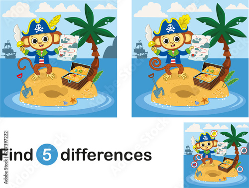 Find 5 differences education game for children, pirate monkey on the island. Vector illustration.