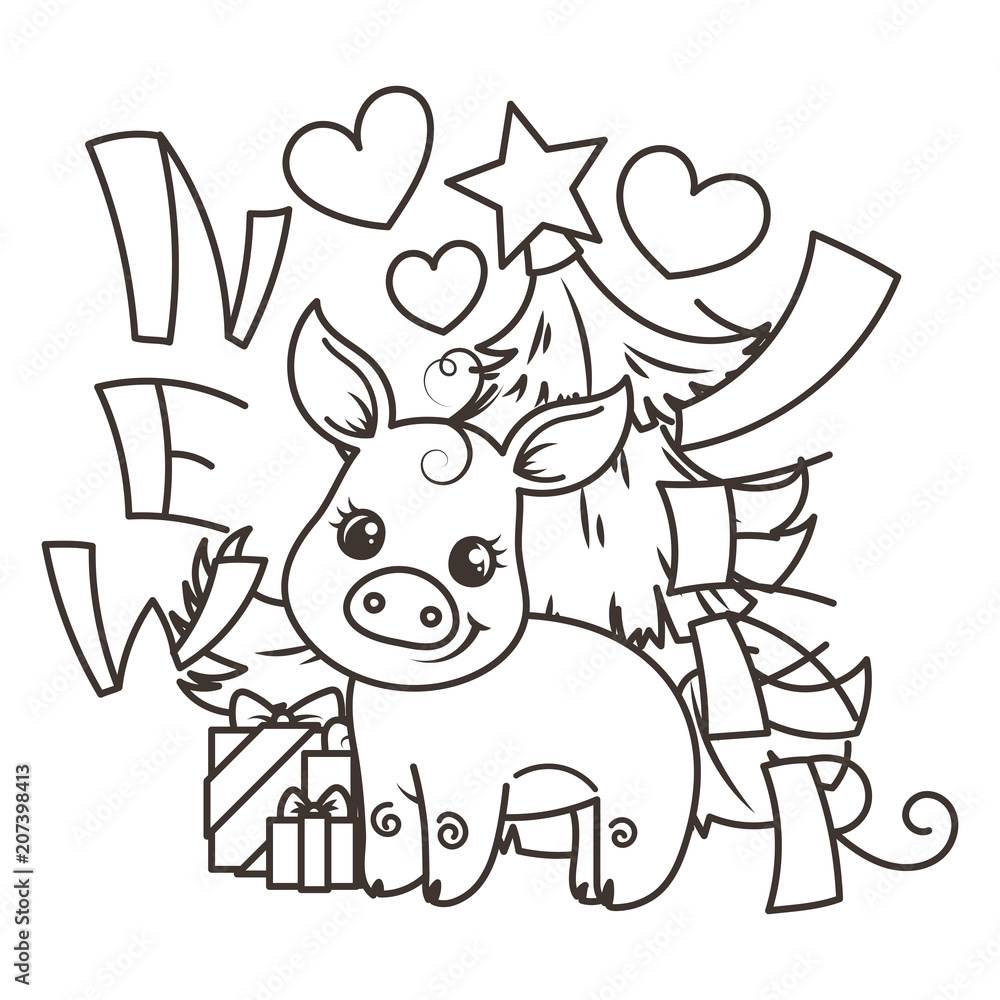 Happy New 2019 Year card with cartoon baby pig. Small symbol of holiday. Happy New 2019 Year card with cartoon baby pig. Small symbol of holiday.