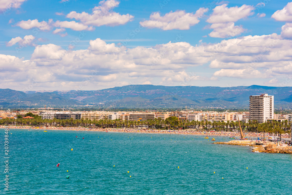 SALOU, SPAIN - JUNE 6, 2017: Coastline Costa Dorada, main beach in Salou, Tarragona, Catalunya, Spain. Copy space for text.