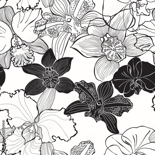 Floral seamless pattern with hand drawn different orchids. Vector black and white illustration.