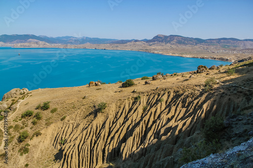 Sea and rocks amazing horizontal landscape. Colorful background, travelling concept.