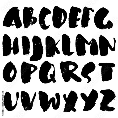 Handdrawn dry brush font. Modern brush lettering. Grunge style alphabet. Vector illustration.