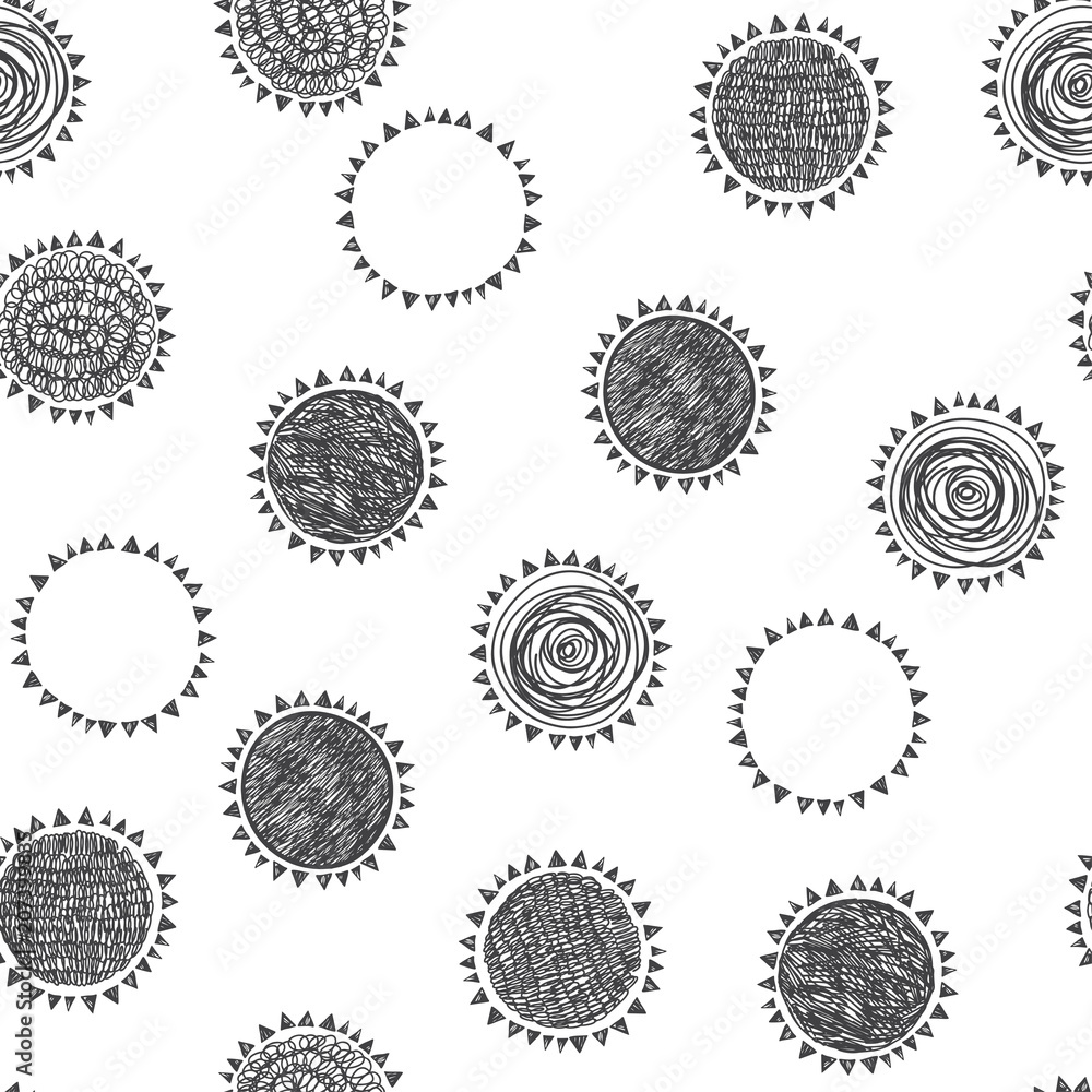 The sun. Seamless vector pattern on white background. Monochrome illustration.