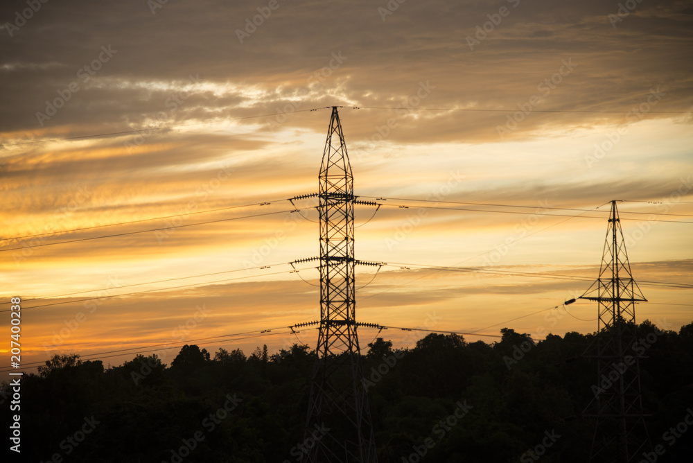 Electricity on sunrise background.