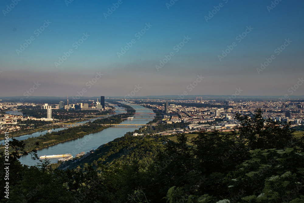 aerial view of Vienna in the evening sun with the danube