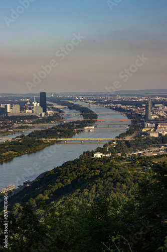 aerial view of Vienna in the evening sun with the danube
