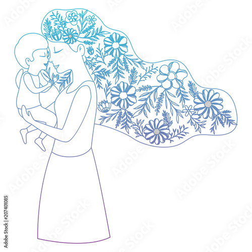 mother lifting son with floral decoration vector illustration design