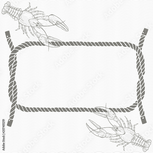 Card with frame, marine knots, ropes and crayfish. Vector illustration.