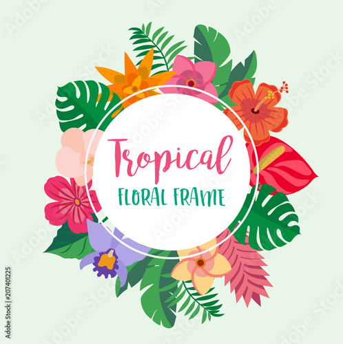 Tropical floral frame with flowers and leaves - vector illustration design template