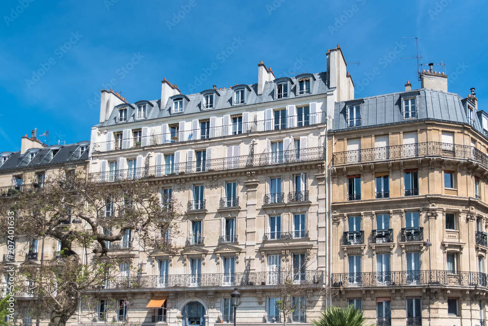 Paris, beautiful building in the center, typical parisian facade 
