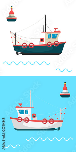 Fishing boat side view and buoys with blue sea background and isolated on white. Side view illustration.