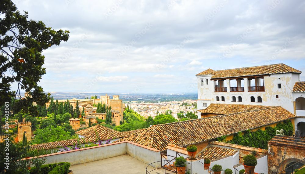 Generalife Palace and Alhambra at background,  Granada, Andalusia, Spain