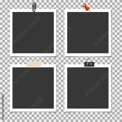 Photography Photo frame with pin, clip and with sticky tape on grey background