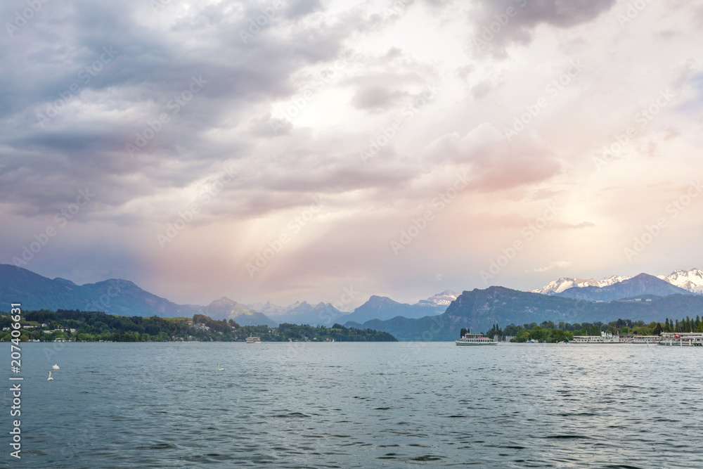 Rain on a mountain lake in Lucerne