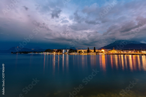 Mountain lake in the Alps at night. Lucerne at night. © A_Skorobogatova