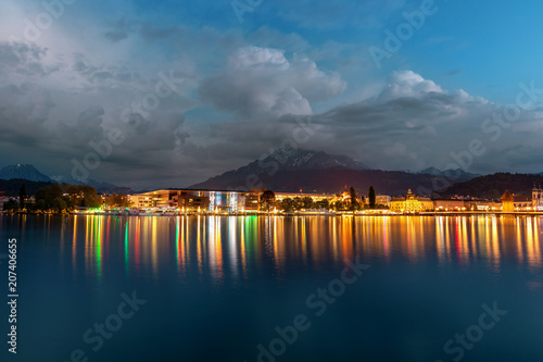 Mountain lake in the Alps at night. Lucerne at night.