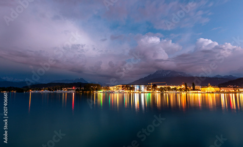 Mountain lake in the Alps at night. Lucerne at night.