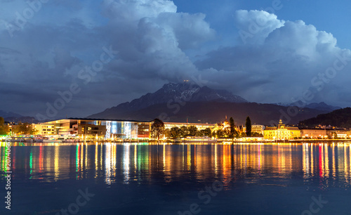Mountain lake in the Alps at night. Lucerne at night.