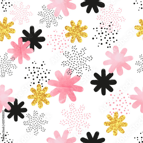 Tapety Wzór z różowe, czarne i złote kwiaty. Wektorowy kwiecisty abstrakcjonistyczny tło.