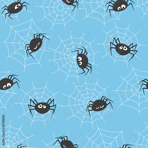 Seamless vector pattern with cute spiders and spider webs. Halloween theme.